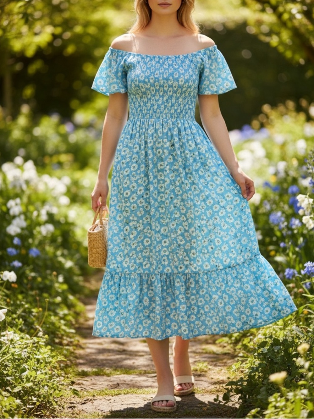 Pink City Prints • Aqua Floral Shirred Midi Dress NWOT